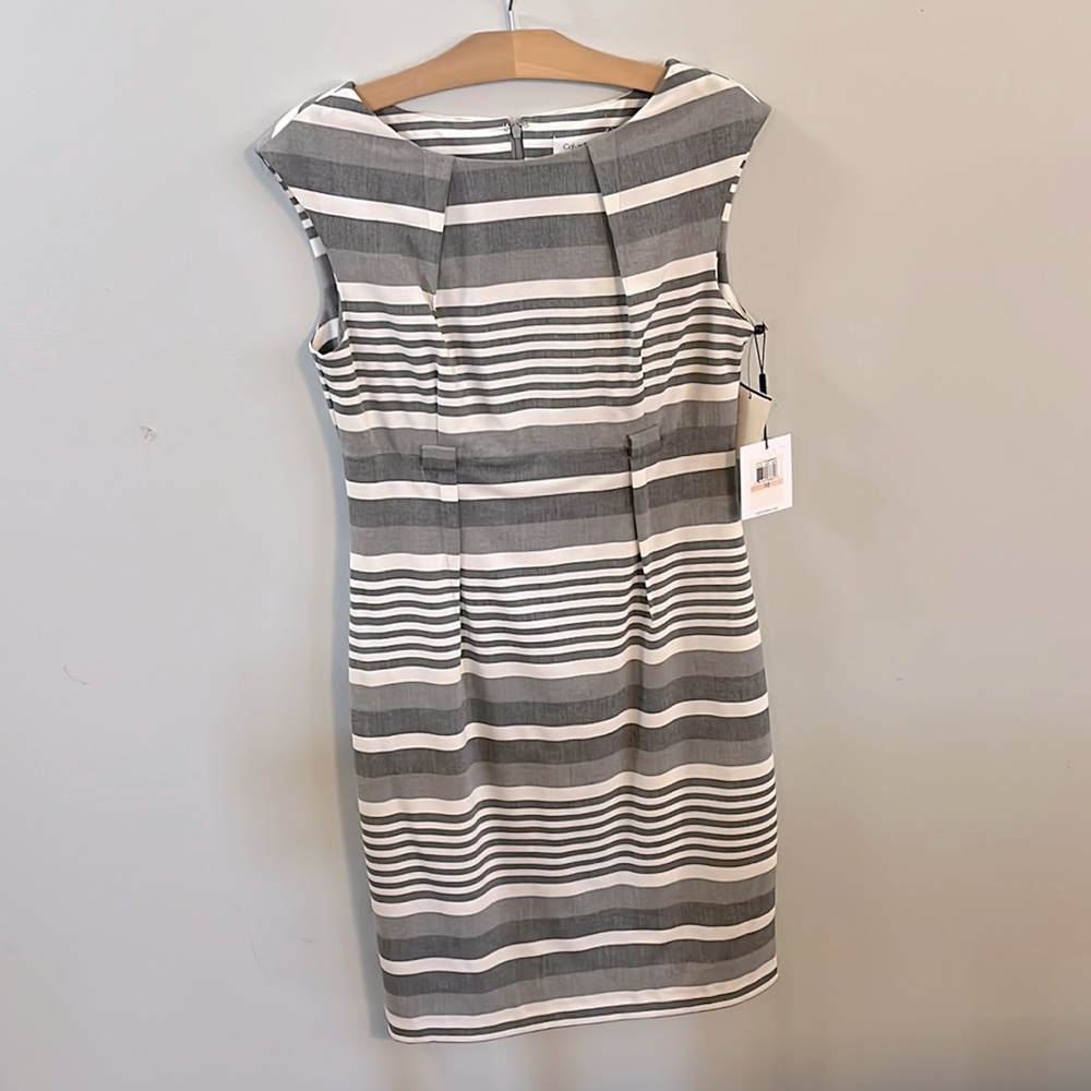 Calvin Klein Pencil Dress - Grey/Off White Stripe Size 10